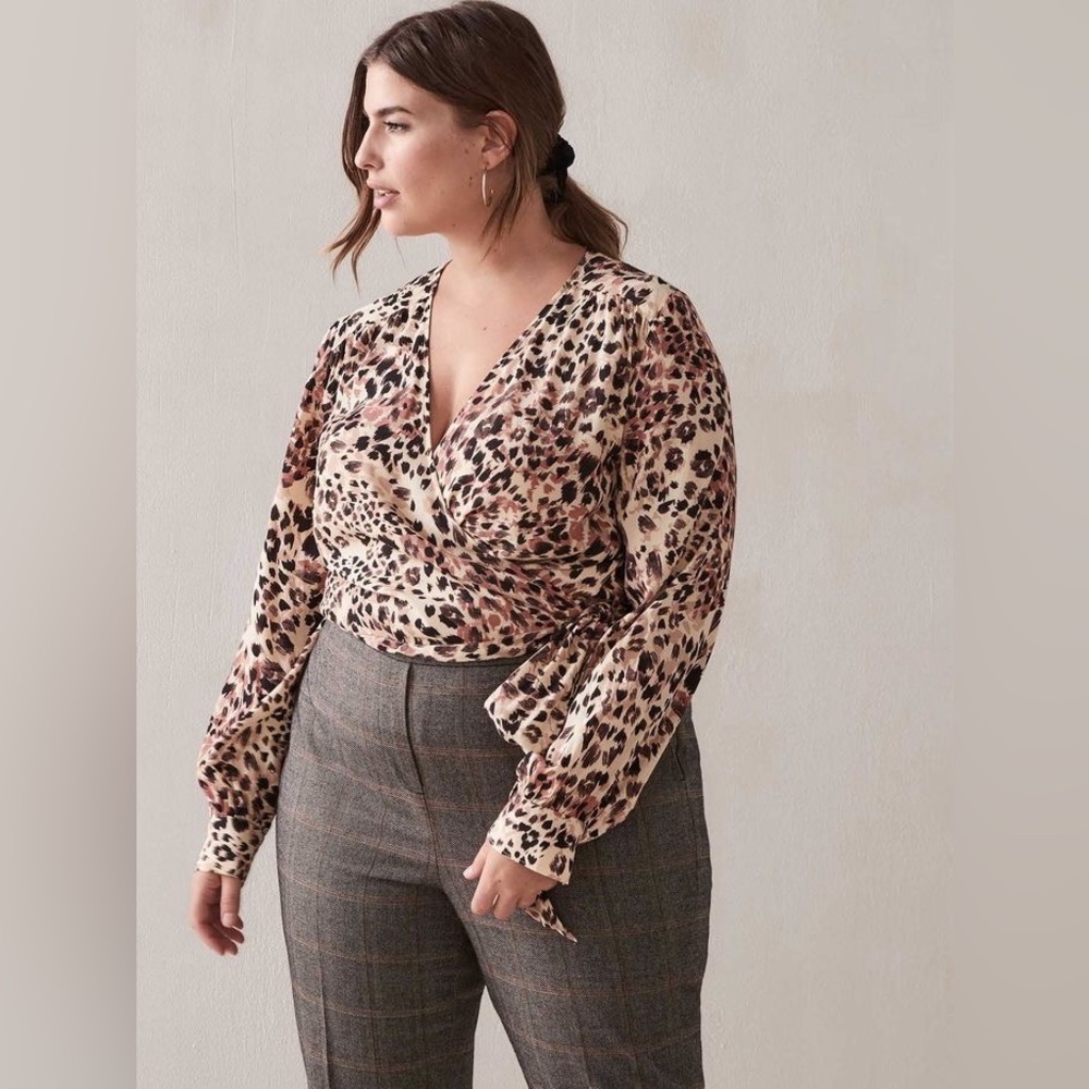 AdditionElle Cropped Animal Print Wrap Blouse Size 3x Leopard Print
